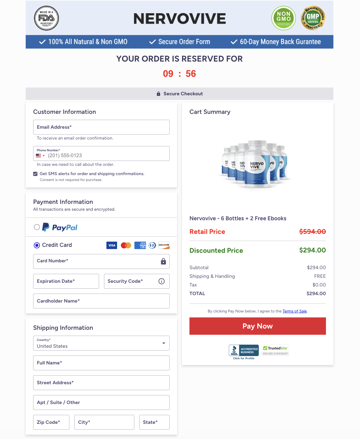 Nervovive secure checkout page